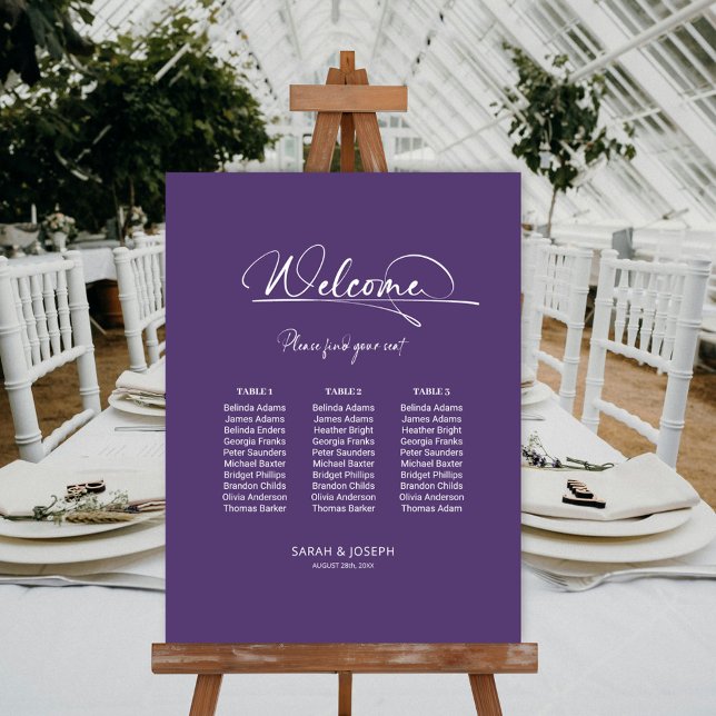 Modern Purple 3 Table Wedding Seating Chart Foam Board (Creator Uploaded)