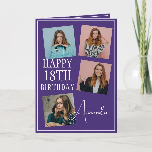 Modern Purple 4 Photo Collage 18th Birthday Card (Front)