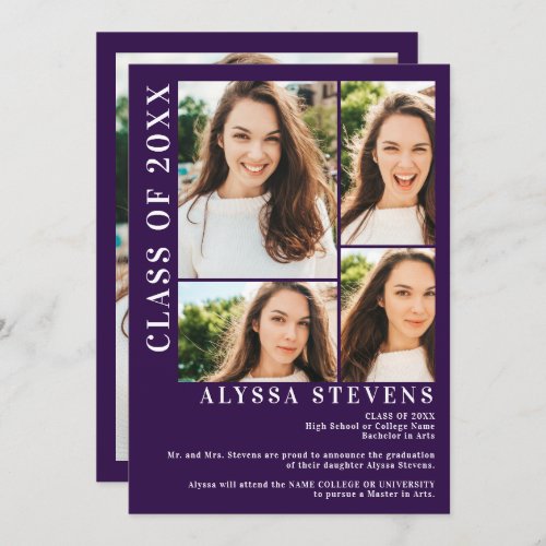 Modern purple 5 photo grid graduation invitation