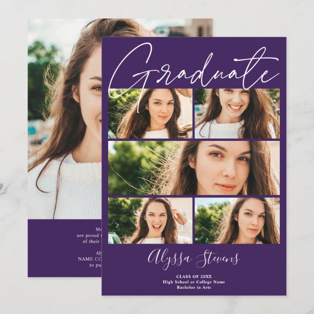 Modern purple 6 photos grid collage graduation announcement (Front/Back)