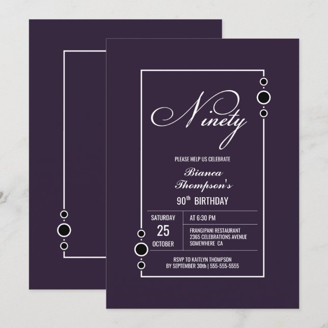 Modern Purple 90th Birthday Party Invitation (Front/Back)