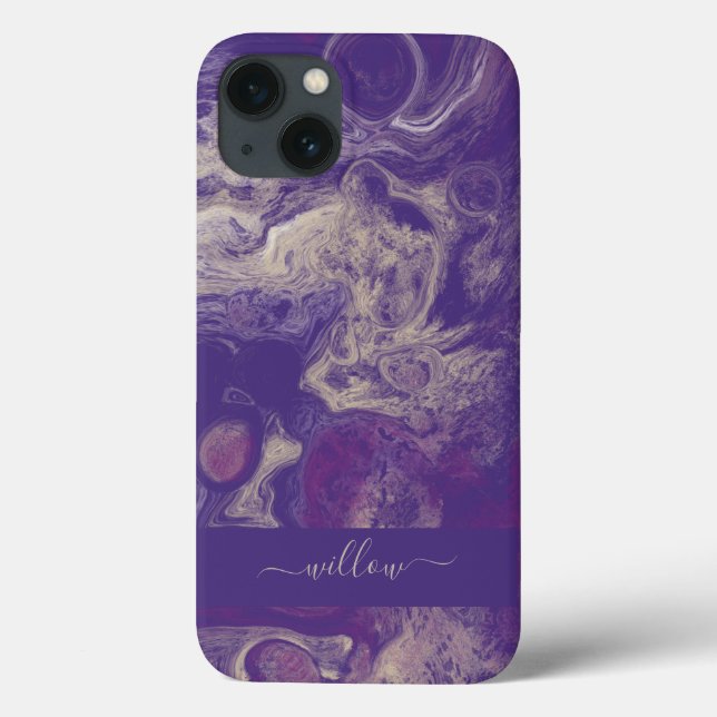 Modern Purple Abstract Paint Pour Art Monogram Case-Mate iPhone Case (Back)