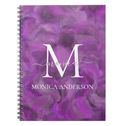 Modern Purple Abstract Pattern White Monogram Name Notebook