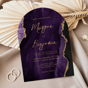 Modern Purple Agate Chic Script Arch Shape Wedding Invitation