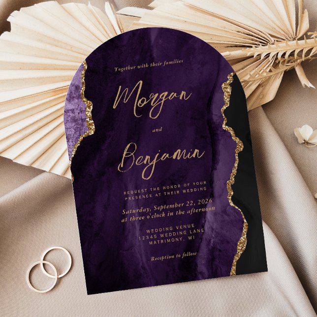 Modern Purple Agate Chic Script Arch Shape Wedding Invitation (Creator Uploaded)