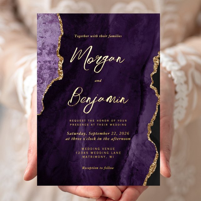 Modern Purple Agate Chic Script Wedding Foil Invitation (Creator Uploaded)