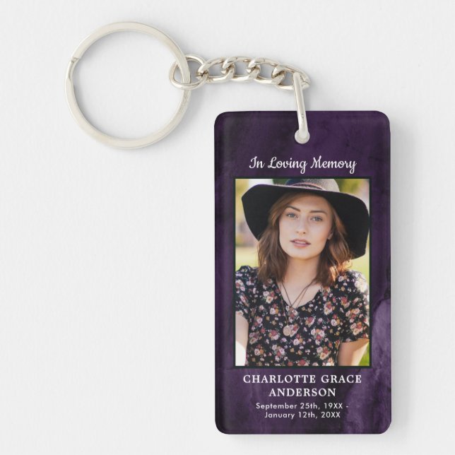 Modern Purple Agate Funeral Photo Memorial Prayer Keychain (Front)