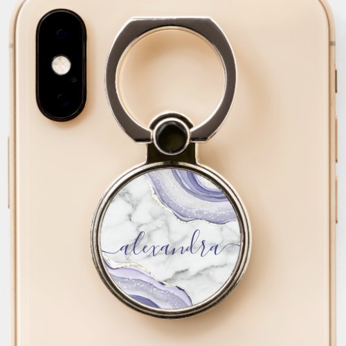 Modern Purple Agate Geode Rock Marble Script Name Phone Ring Stand