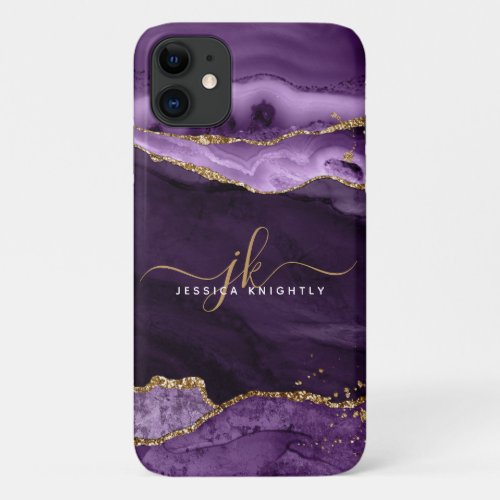 Modern Purple Agate Gold Glitter Script Monogram iPhone 11 Case