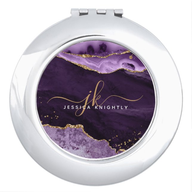 Modern Purple Agate Gold Glitter Script Monogram Compact Mirror (Front)