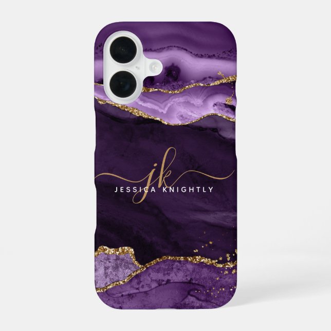 Modern Purple Agate Gold Glitter Script Monogram Iphone Case (Back)
