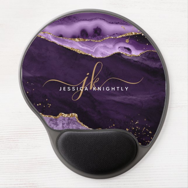 Modern Purple Agate Gold Glitter Script Monogram M Gel Mouse Pad (Front)