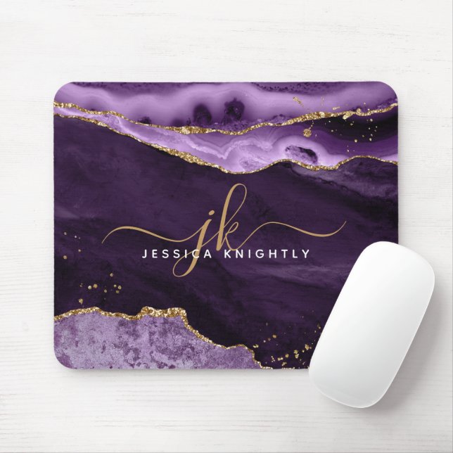 Modern Purple Agate Gold Glitter Script Monogram Mouse Pad (With Mouse)