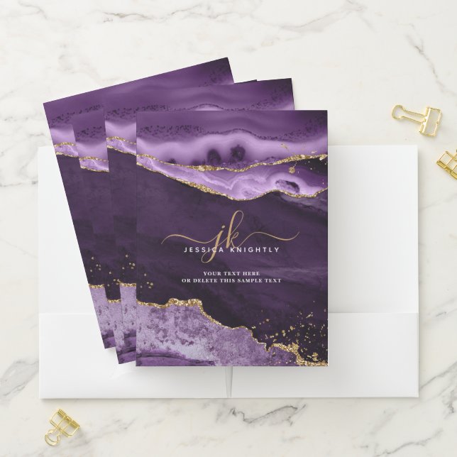 Modern Purple Agate Gold Glitter Script Monogram Pocket Folder (In Situ)