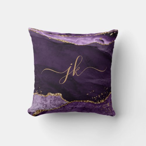 Modern Purple Agate Gold Glitter Script Monogram Throw Pillow