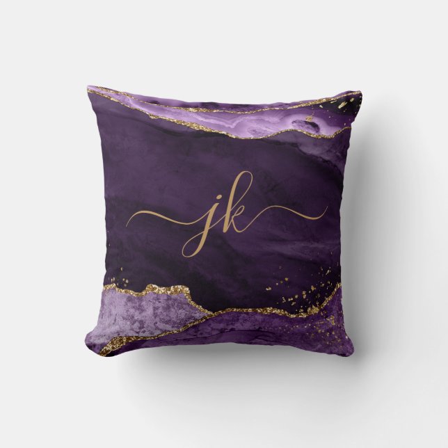 Modern Purple Agate Gold Glitter Script Monogram Throw Pillow (Front)