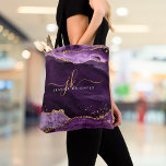 Modern Purple Agate Gold Glitter Script Monogram Tote Bag<br><div class="desc">Modern, elegant tote bag with purple agate and marble and gold glitter sparkle accents personalized with chic feminine handwritten script monogram initials and name. Stylish luxury design. ASSISTANCE: For help with design modification or personalization, color change, transferring the design to another product or you would like coordinating items, contact the...</div>
