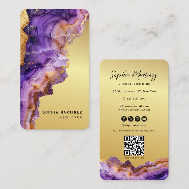 Modern Purple Agate gold marble & QR Code Logo Business Card (Front/Back)