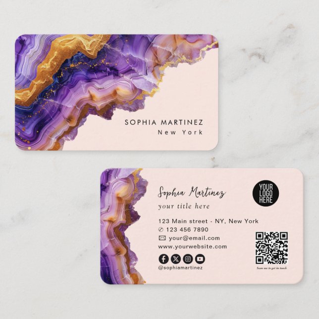 Modern Purple Agate gold marble & QR Code Logo Business Card (Front/Back)