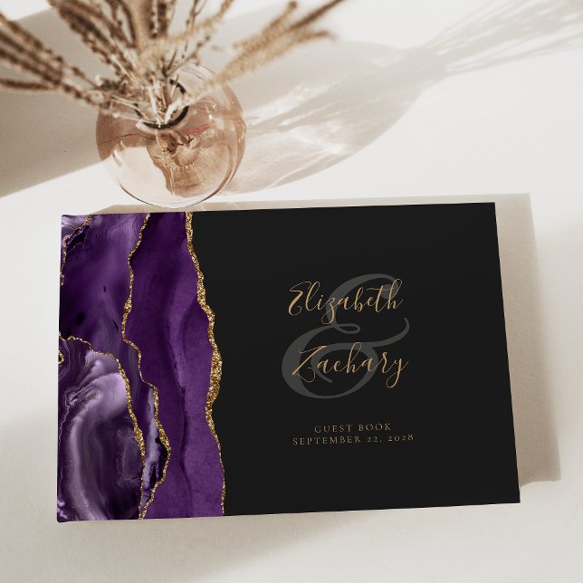 Modern Purple Agate Gold Script Dark Guest Book (Creator Uploaded)