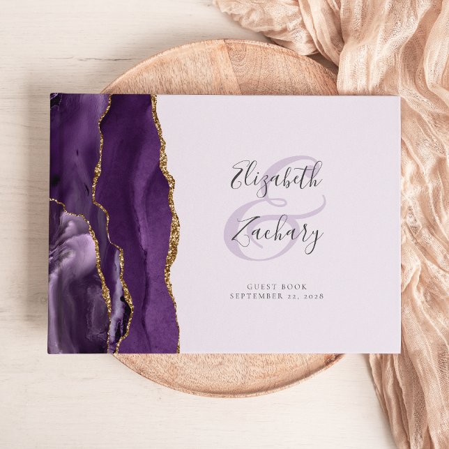 Modern Purple Agate Gold Script Lavender Guest Book (Creator Uploaded)