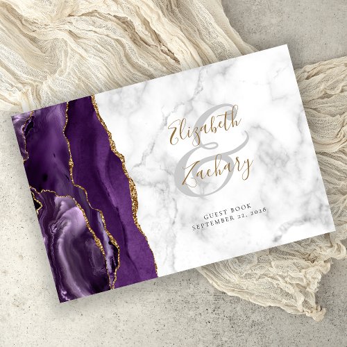 Modern Purple Agate Gold Script Marble Guest Book