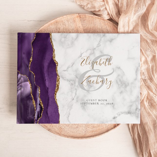 Modern Purple Agate Gold Script Marble Guest Book (Creator Uploaded)