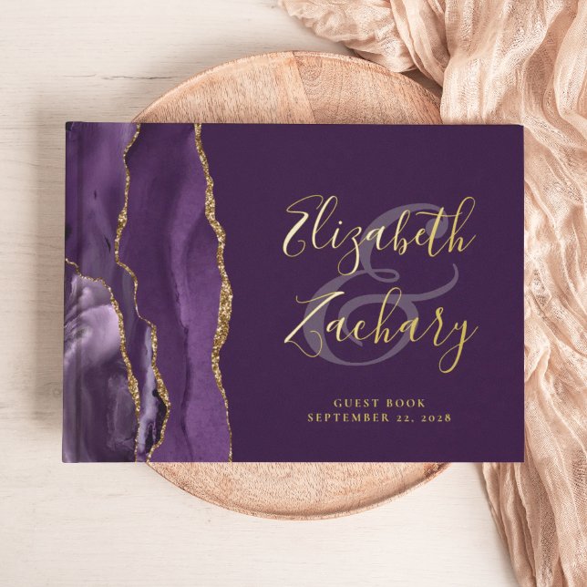 Modern Purple Agate Gold Script Plum Foil Guest Book (Creator Uploaded)