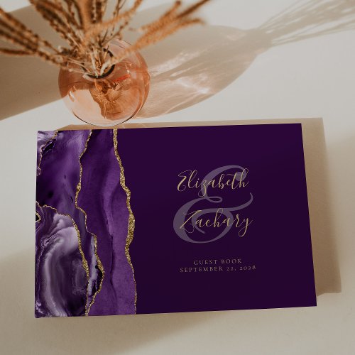 Modern Purple Agate Gold Script Plum Guest Book