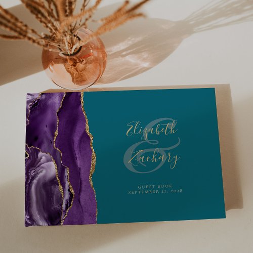 Modern Purple Agate Gold Script Teal Guest Book