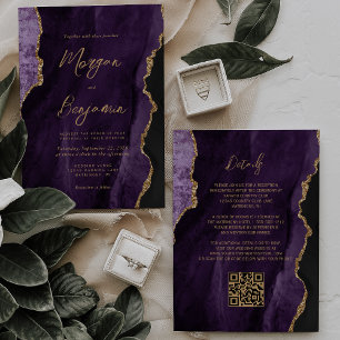 Modern Purple Agate Script QR Code Wedding Invitation