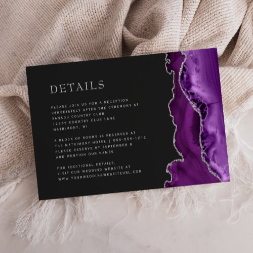 Modern Purple Agate Silver Dark Wedding Details Enclosure Card