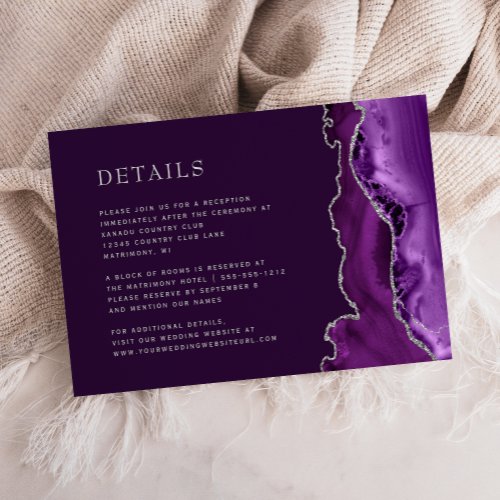 Modern Purple Agate Silver Plum Wedding Details Enclosure Card