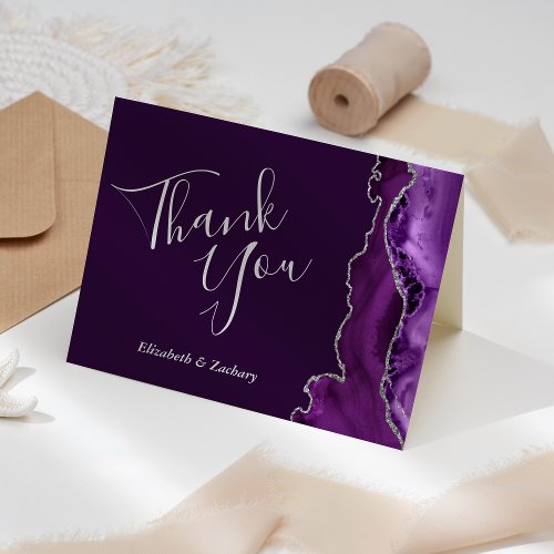 Modern Purple Agate Silver Plum Wedding Thank You Card