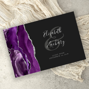 Modern Purple Agate Silver Script Dark Guest Book