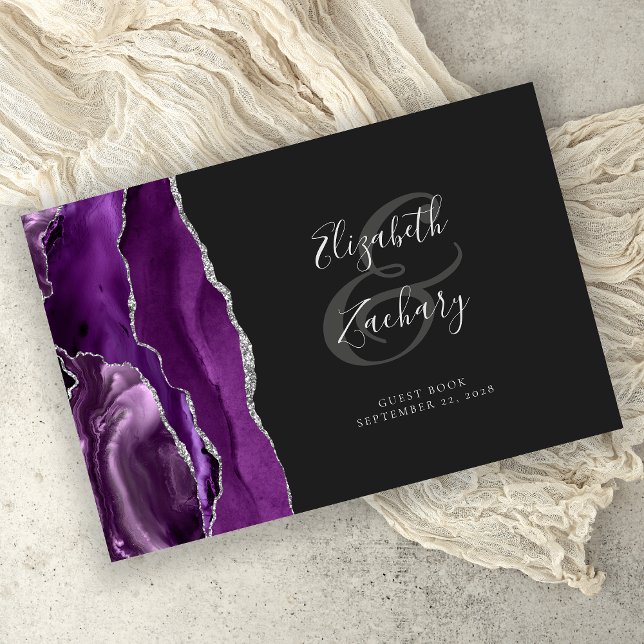 Modern Purple Agate Silver Script Dark Guest Book (Creator Uploaded)