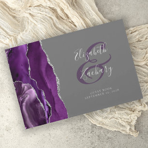 Modern Purple Agate Silver Script Gray Guest Book