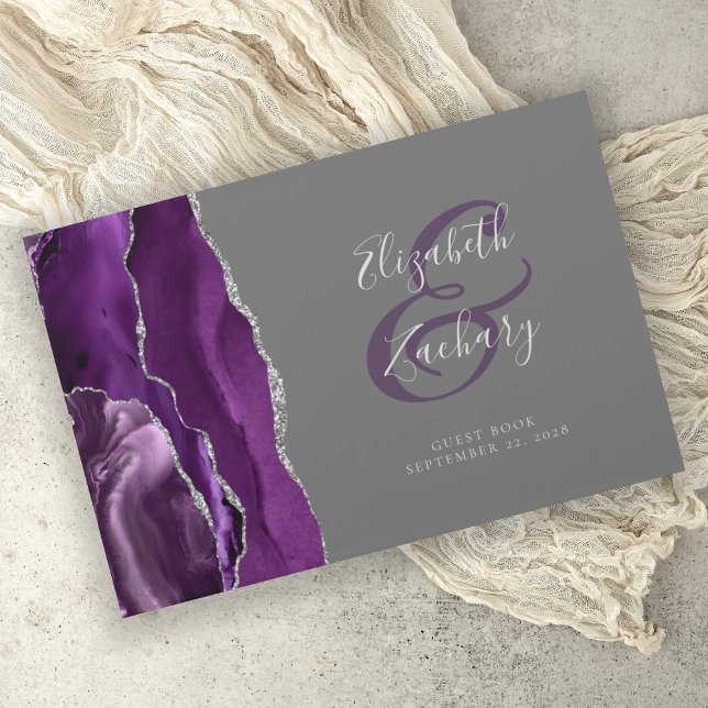 Modern Purple Agate Silver Script Gray Guest Book (Creator Uploaded)
