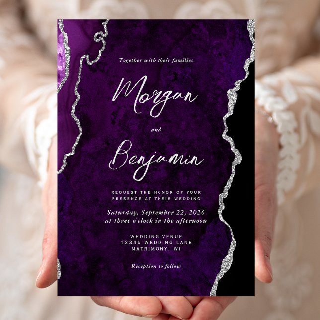 Modern Purple Agate Silver Script Wedding Invitation (Creator Uploaded)