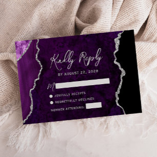 Modern Purple Agate Silver Script Wedding RSVP Card