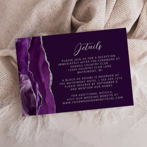 Modern Purple Agate Silver Wedding Details Enclosure Card