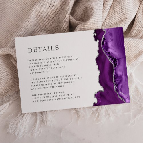 Modern Purple Agate Silver Wedding Details Enclosure Card