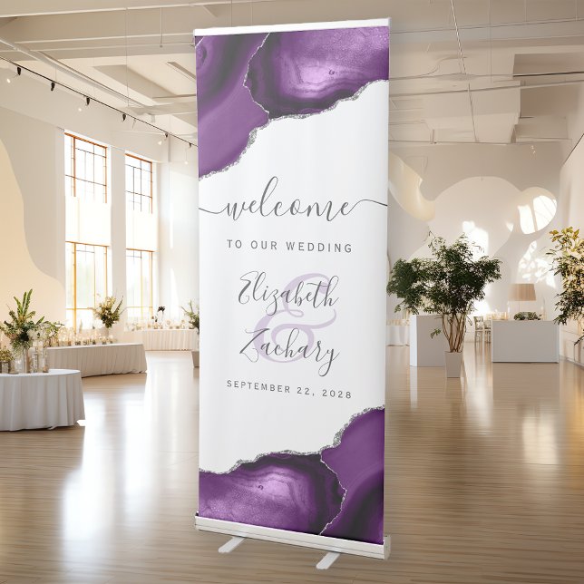 Modern Purple Agate Silver Wedding Welcome Retractable Banner (Creator Uploaded)
