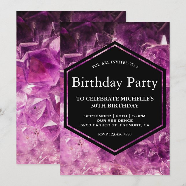 Modern Purple Amethyst Gemstone Birthday Party Invitation (Front/Back)