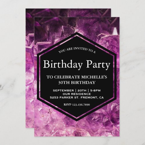 Modern Purple Amethyst Gemstone Birthday Party Invitation