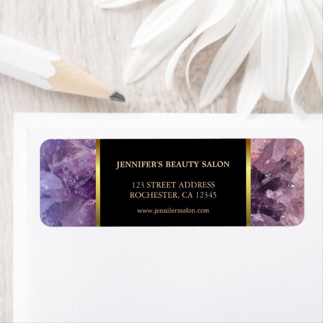 Modern purple amethyst gemstone gold return addres label (Insitu)