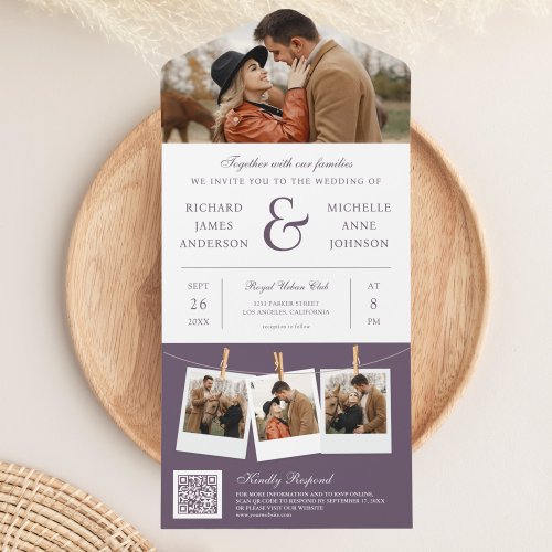 Modern Purple Ampersand Photo QR Code Wedding All In One Invitation