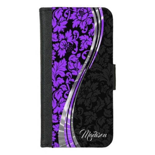 Modern Purple And Black Damask iPhone 87 Wallet Case