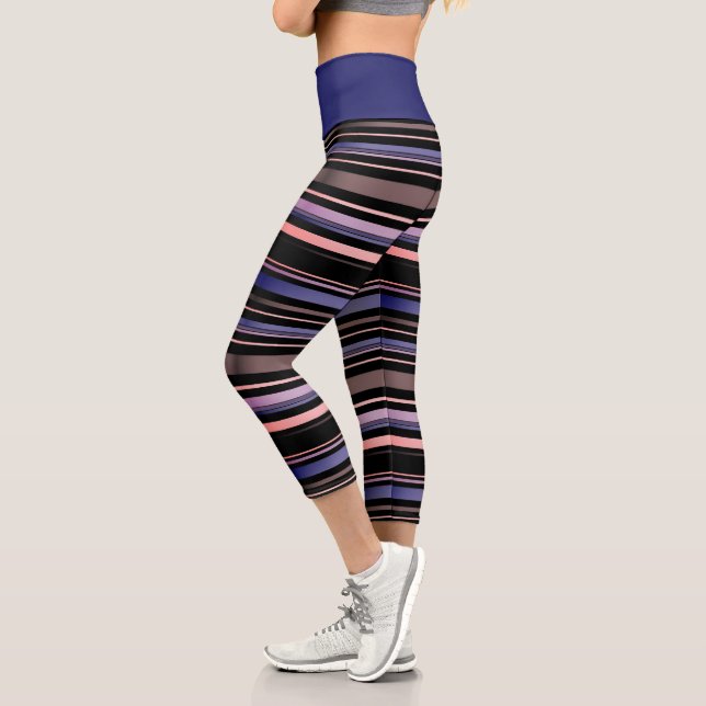 Modern Purple and Black Horizontal Striped Yoga Capri Leggings (Left)
