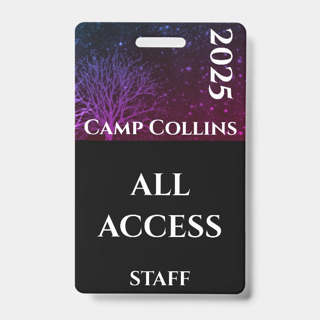 Modern Purple and Black Rustic Camp Staff Badge (Front)